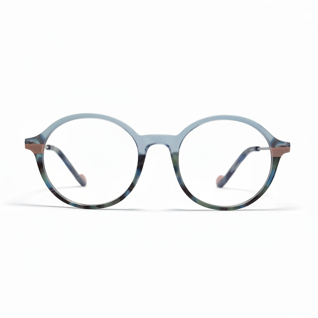 Round eyeglasses with a blue and brown frame on a white background