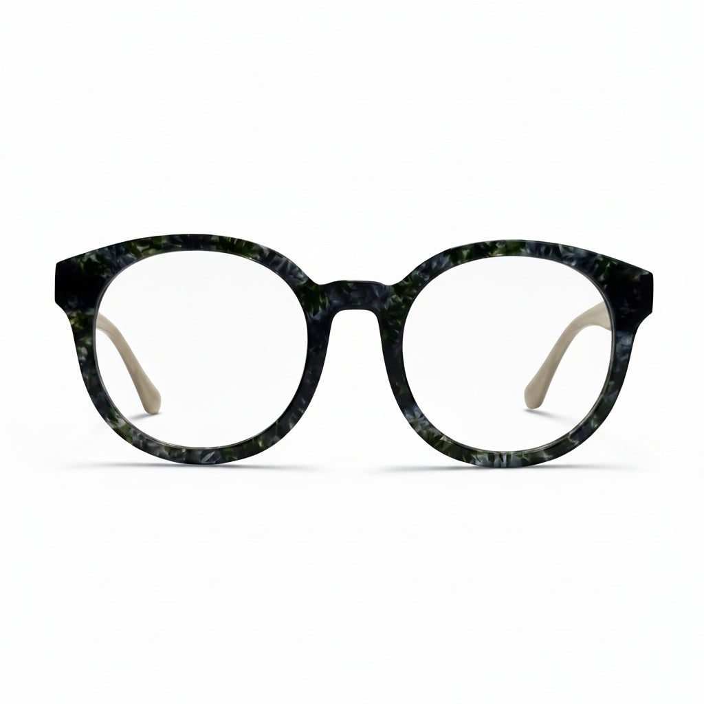 Round eyeglasses with a black and gray tortoiseshell frame on a white background
