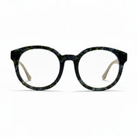 Round eyeglasses with a black and gray tortoiseshell frame on a white background