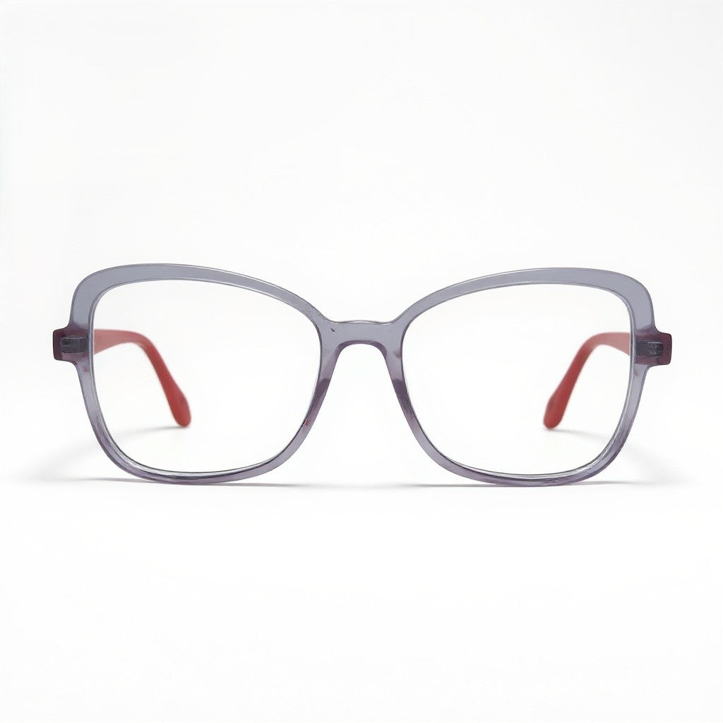 Gray eyeglasses with red temples on a white background