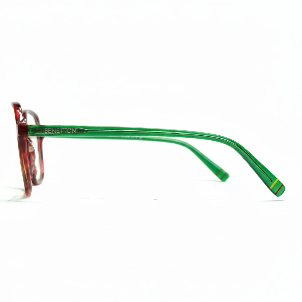 Green eyeglasses with a Benetton logo on a white background