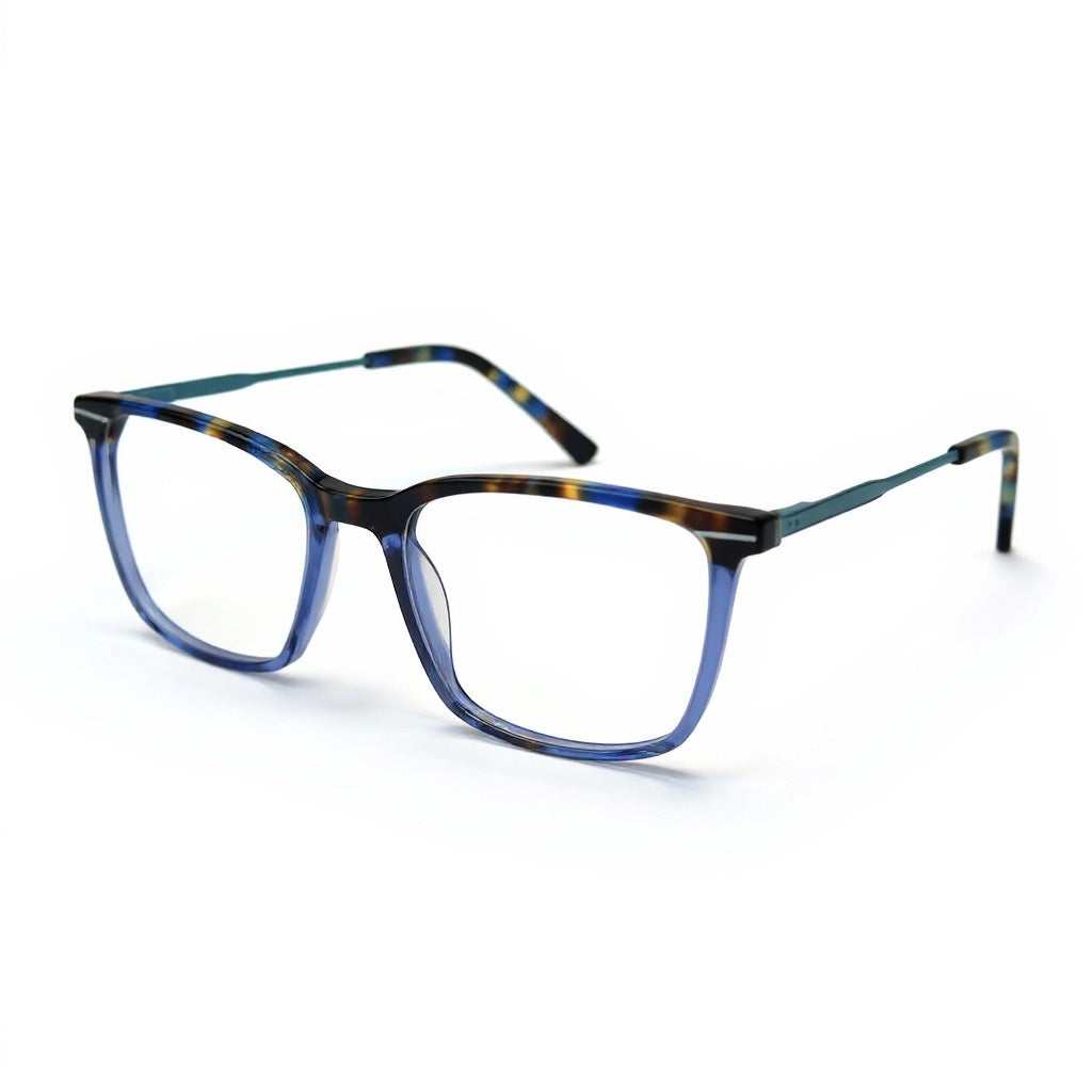 Blue and black eyeglasses on a white background