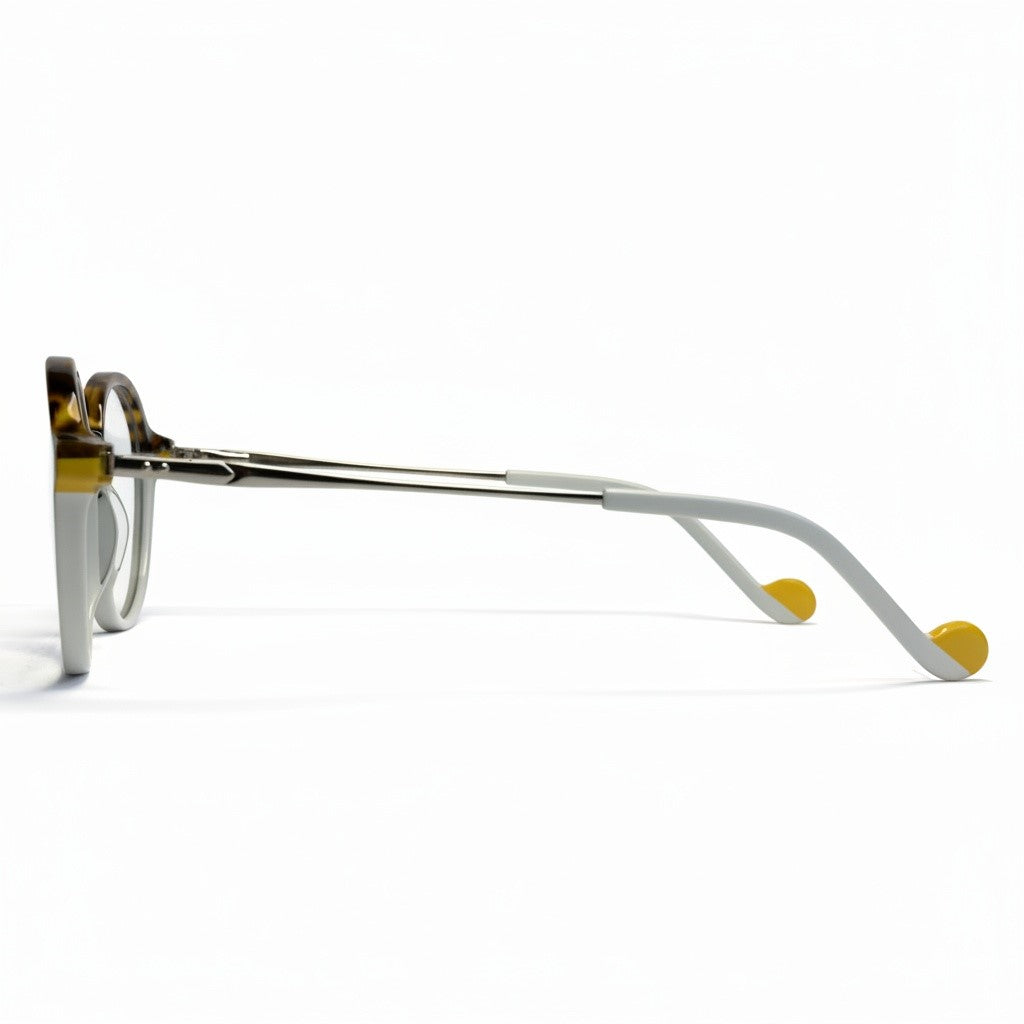 Sunglasses with a white frame and yellow accents on a white background