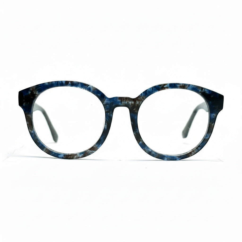 Blue tortoiseshell eyeglasses on a white background