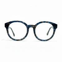 Blue tortoiseshell eyeglasses on a white background