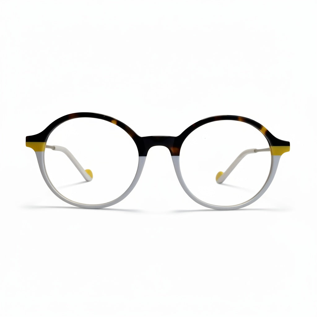 Round eyeglasses with black, tortoiseshell, and white frame on a white background