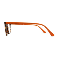 Orange eyeglasses with tortoiseshell accents on a white background