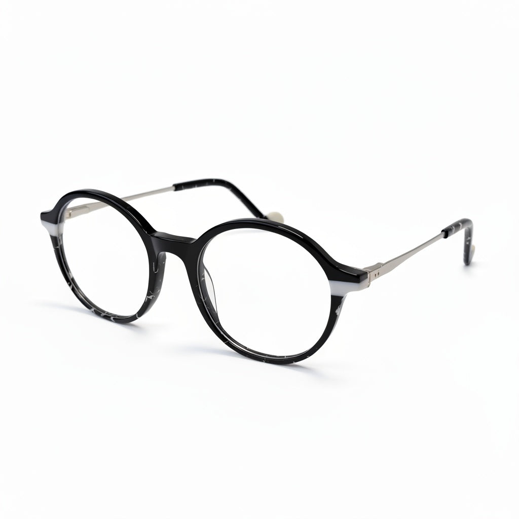 Round eyeglasses with black frame and silver accents on a white background