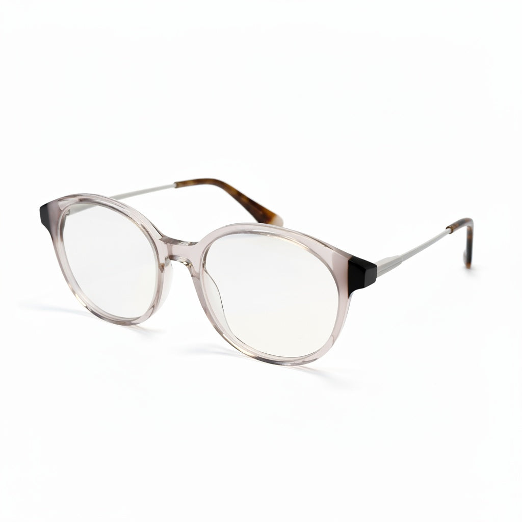 Round eyeglasses with a clear lens on a white background