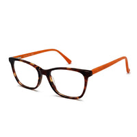 Glasses with tortoiseshell frame and orange arms on a white background