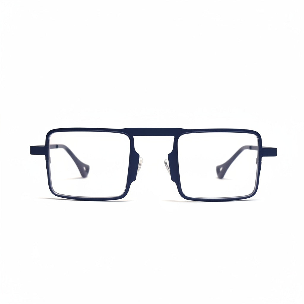 Navy blue eyeglasses on a white background