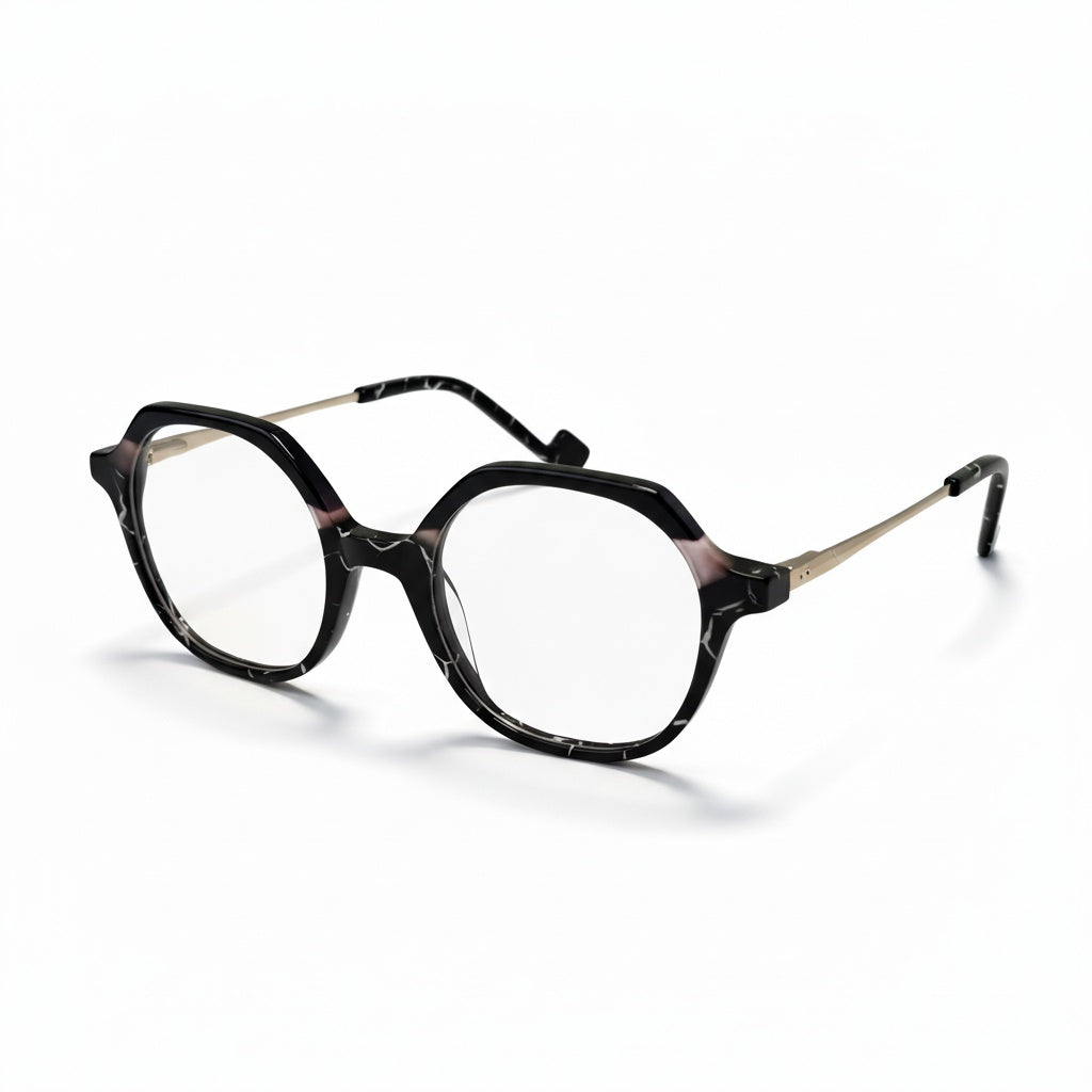 Black and gold eyeglasses on a white background