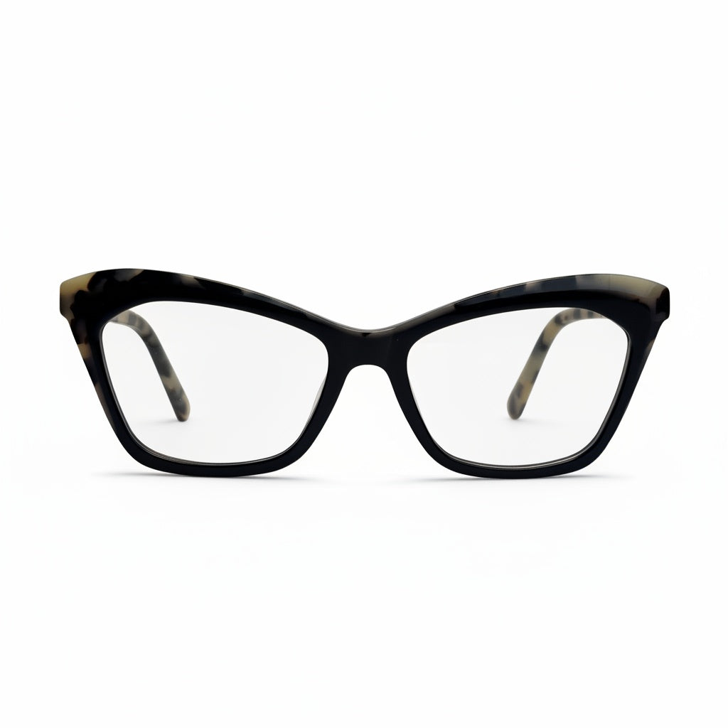 Cat-eye glasses with a tortoiseshell pattern on a white background