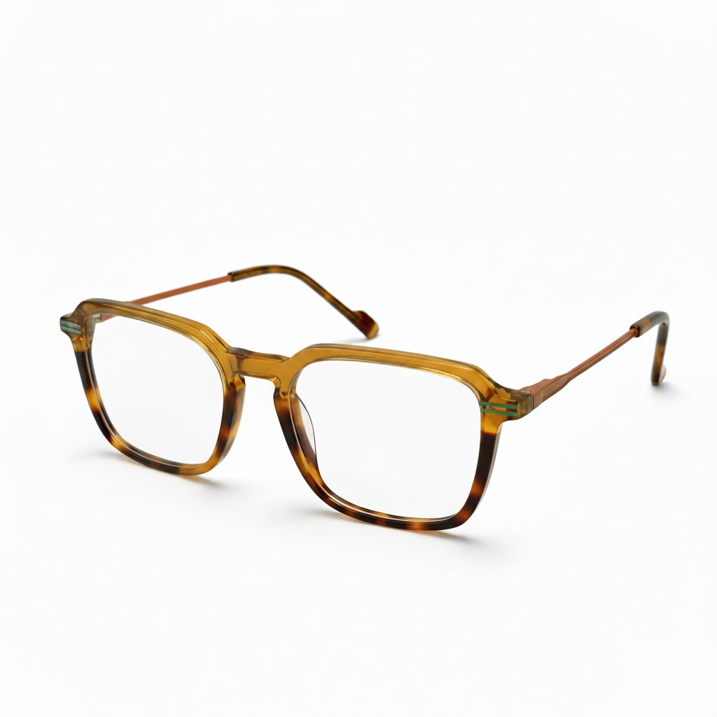 Brown tortoiseshell eyeglasses on a white background
