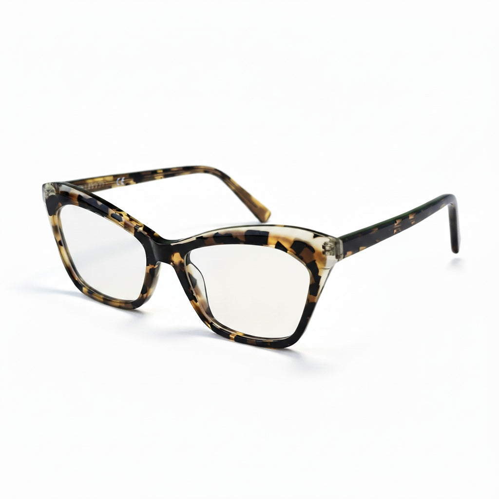 Tortoiseshell cat-eye glasses on a white background
