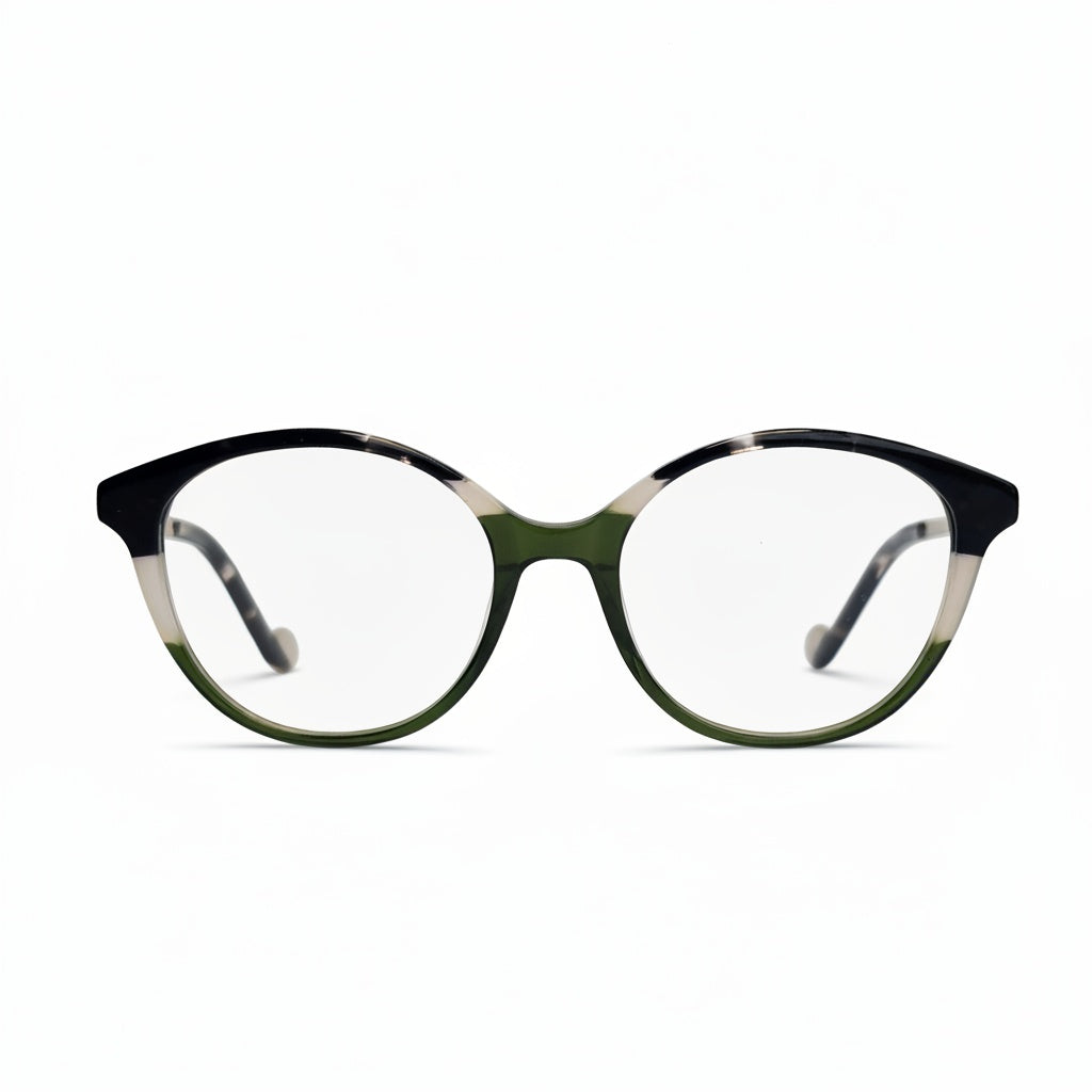 Green eyeglasses with black and white striped arms on a white background