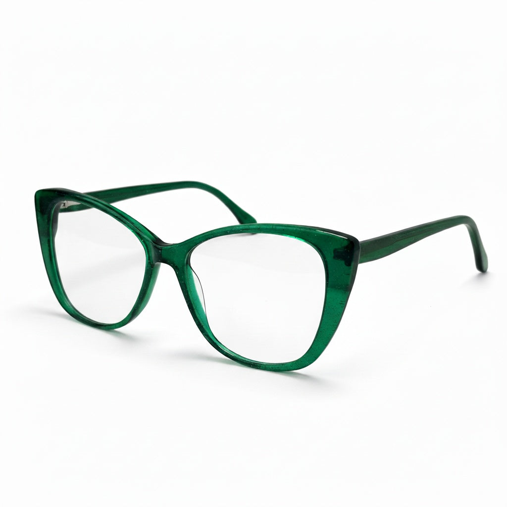 Green cat-eye glasses on a white background