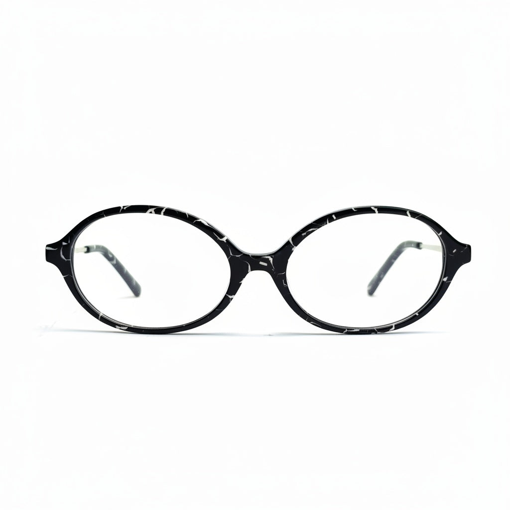 Black eyeglasses with a marbled pattern on a white background