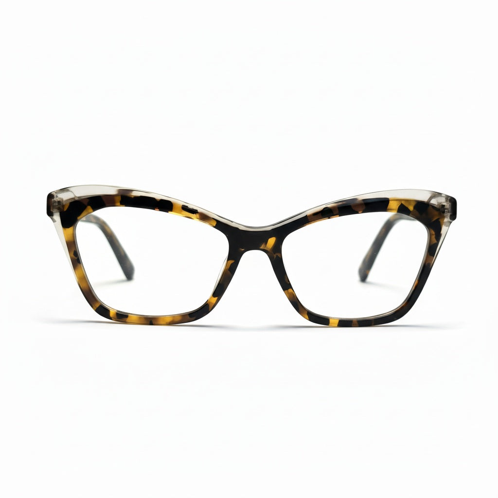 Tortoiseshell cat-eye glasses on a white background