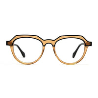 Round eyeglasses with a brown frame on a white background
