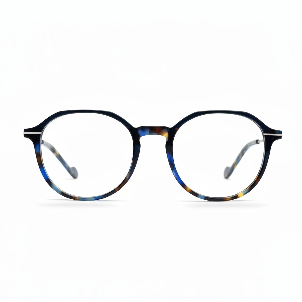 Round eyeglasses with a tortoiseshell pattern on a white background