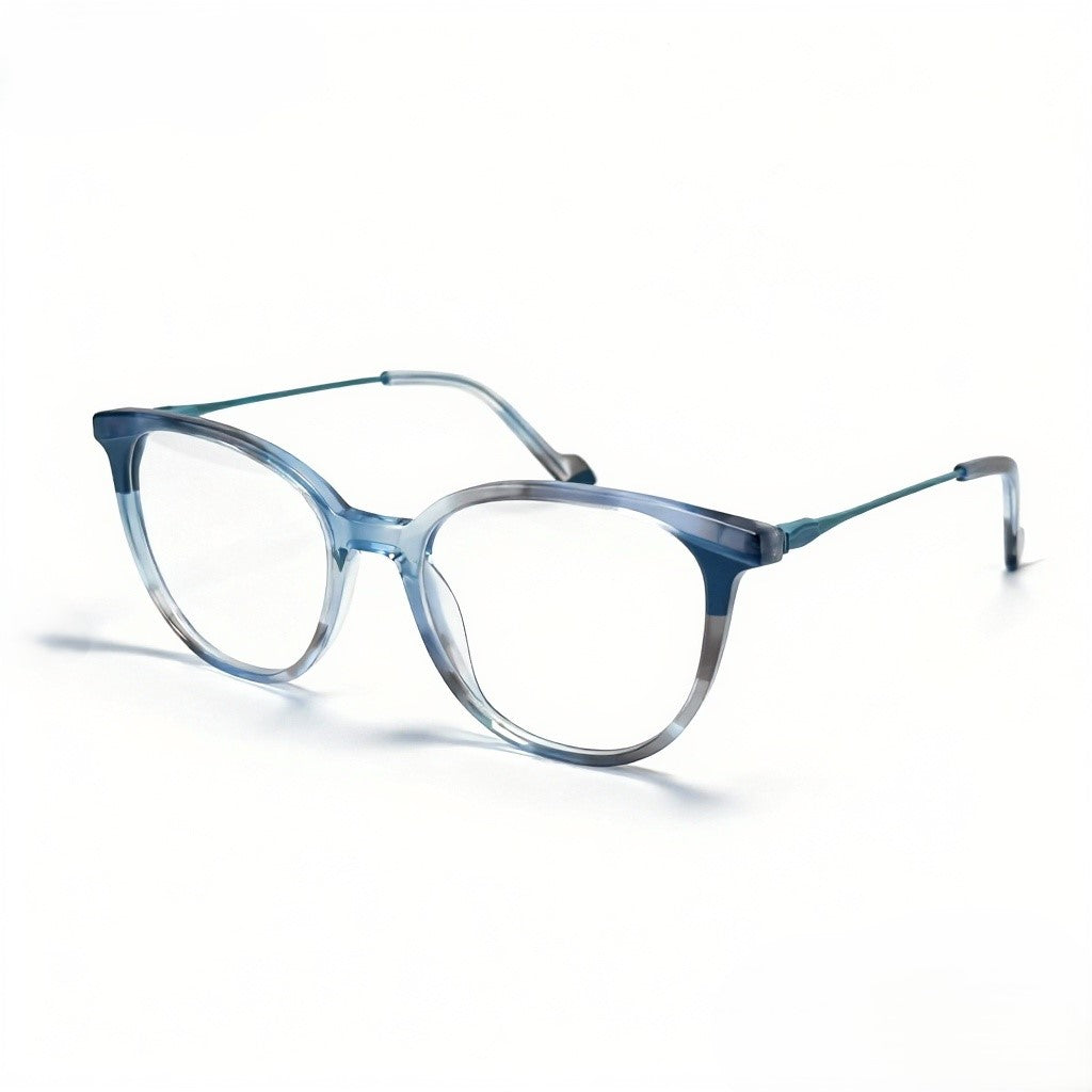 Blue and gray eyeglasses on a white background