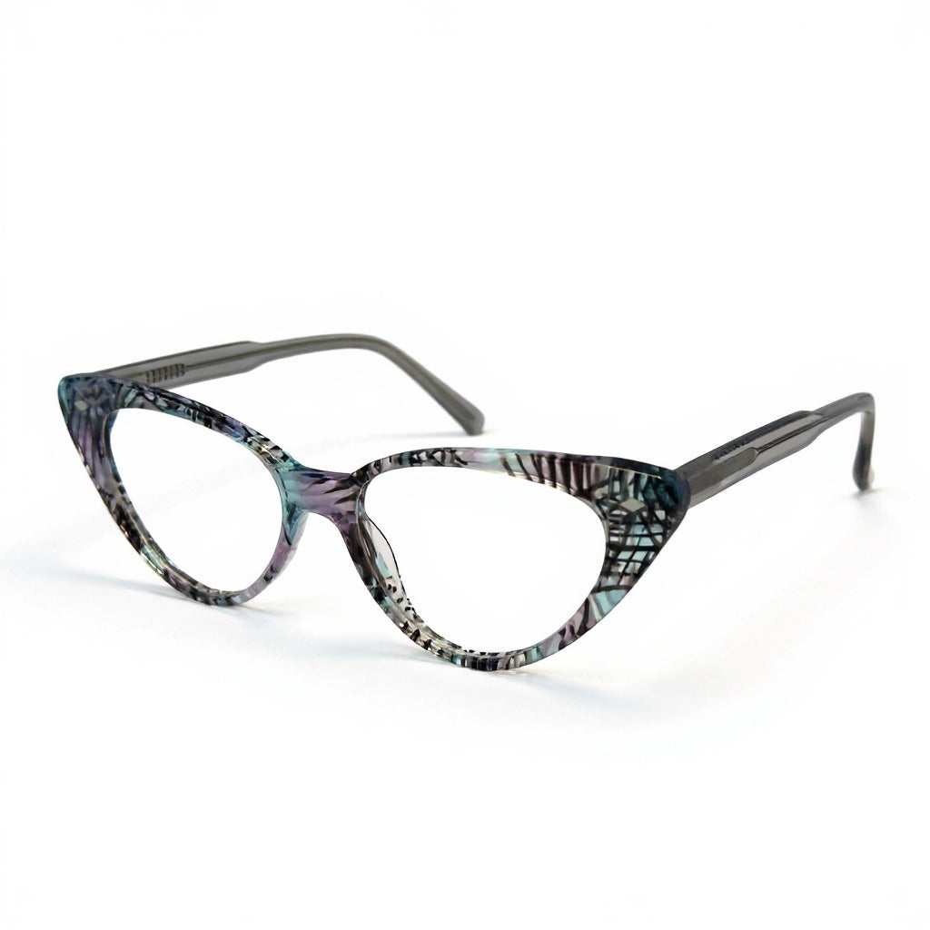 Cat-eye glasses with a patterned frame on a white background