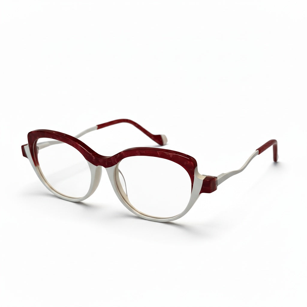Red and white eyeglasses on a white background