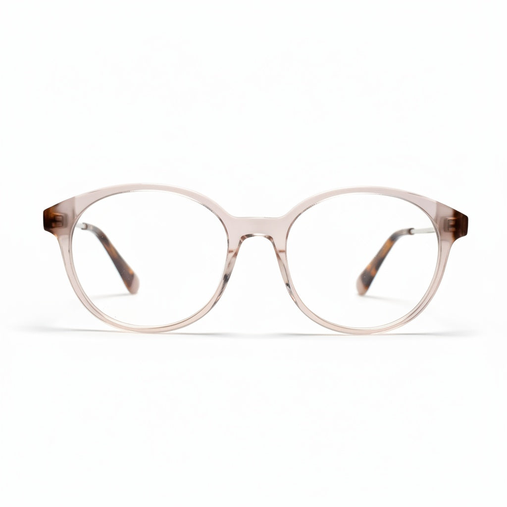Round eyeglasses with a light brown frame on a white background