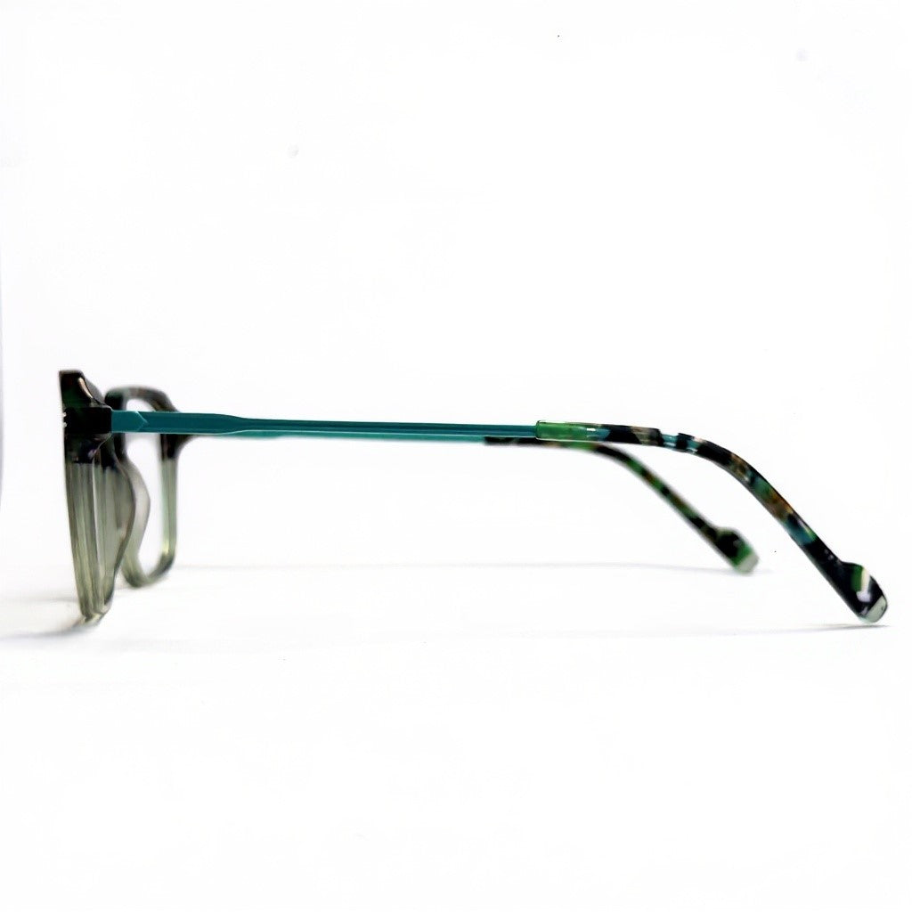 Eyeglasses with a green and black frame on a white background