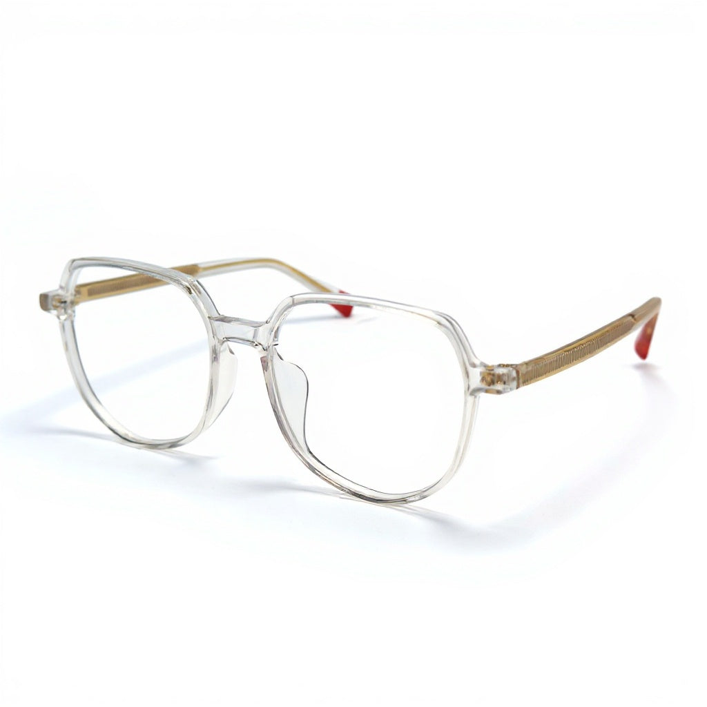 Clear eyeglasses with gold frame on a white background