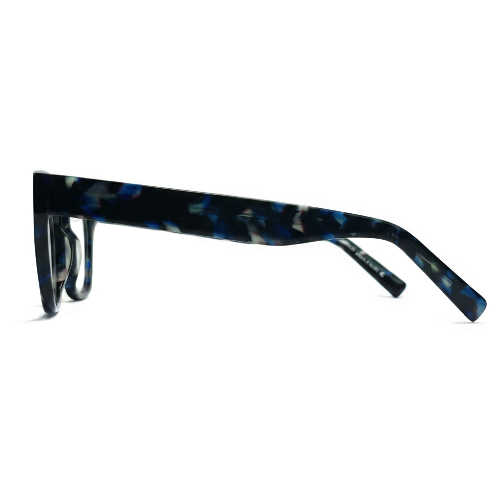Blue and black tortoiseshell sunglasses on a white background