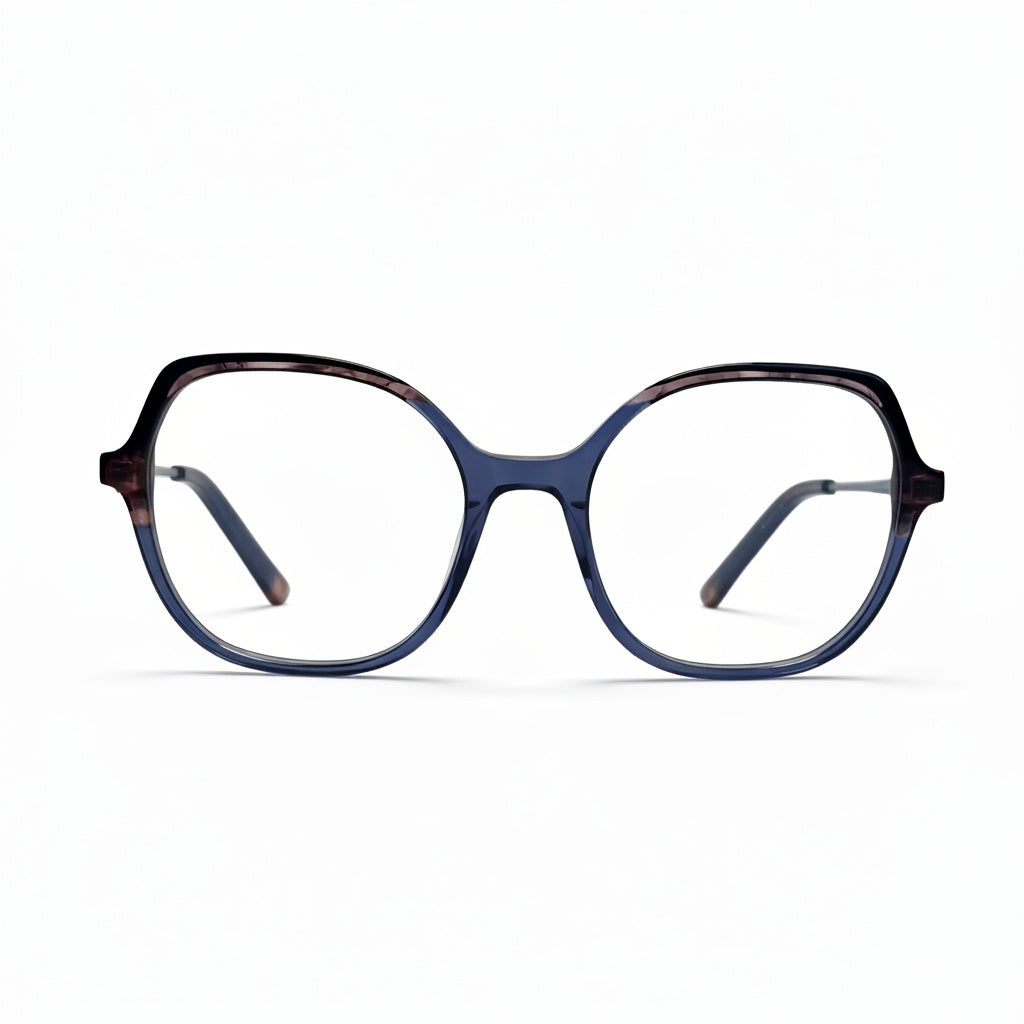 Blue eyeglasses with a tortoiseshell pattern on a white background