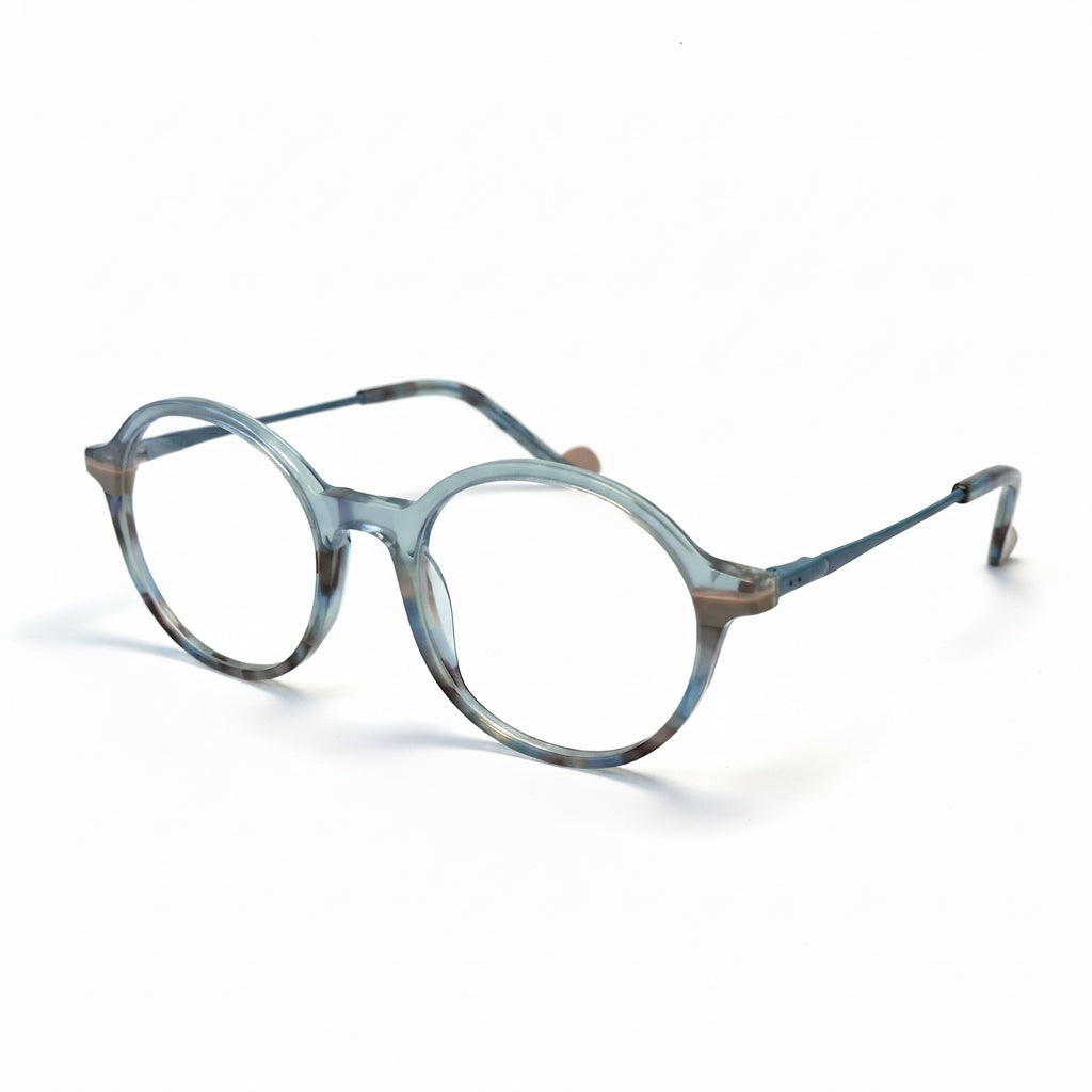 Round eyeglasses with a blue-tinted frame on a white background