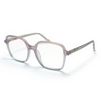 Eyeglasses with a pink and clear frame on a white background