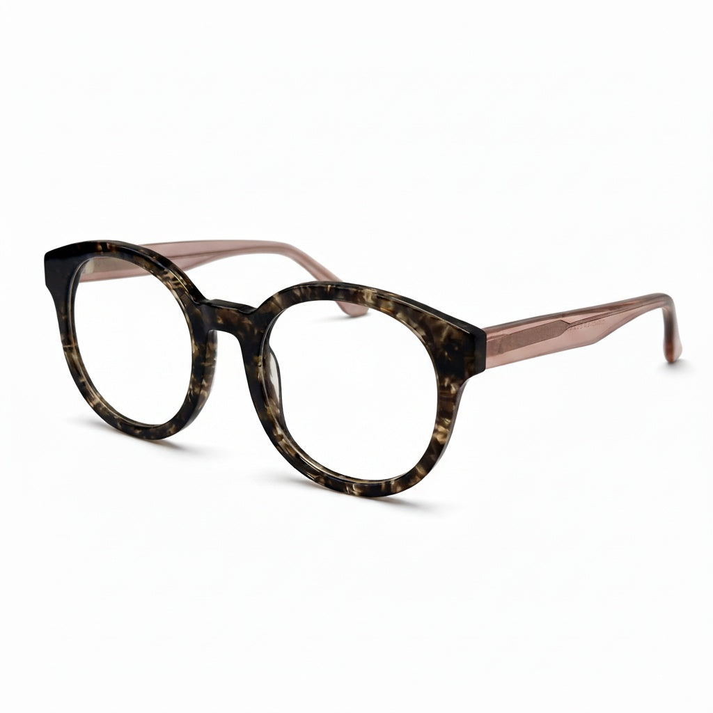 Eyeglasses with a tortoiseshell frame on a white background