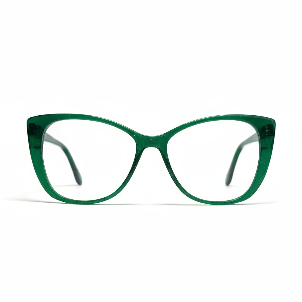 Green cat-eye glasses on a white background