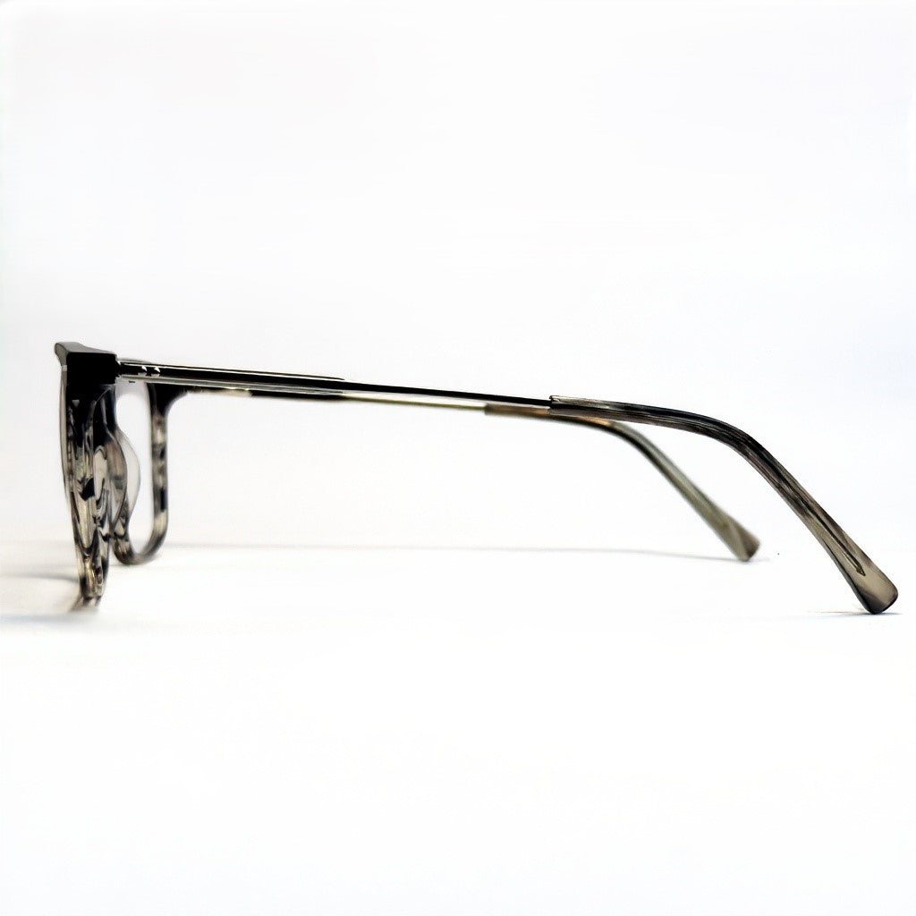 Sunglasses with a black and gray frame on a white background