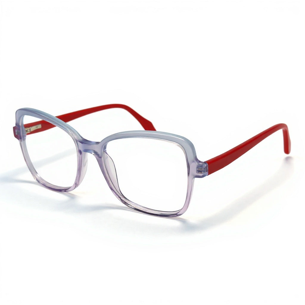 Eyeglasses with red frame and clear lenses on a white background