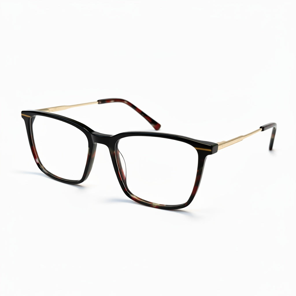 Pair of eyeglasses with a tortoiseshell frame on a white background