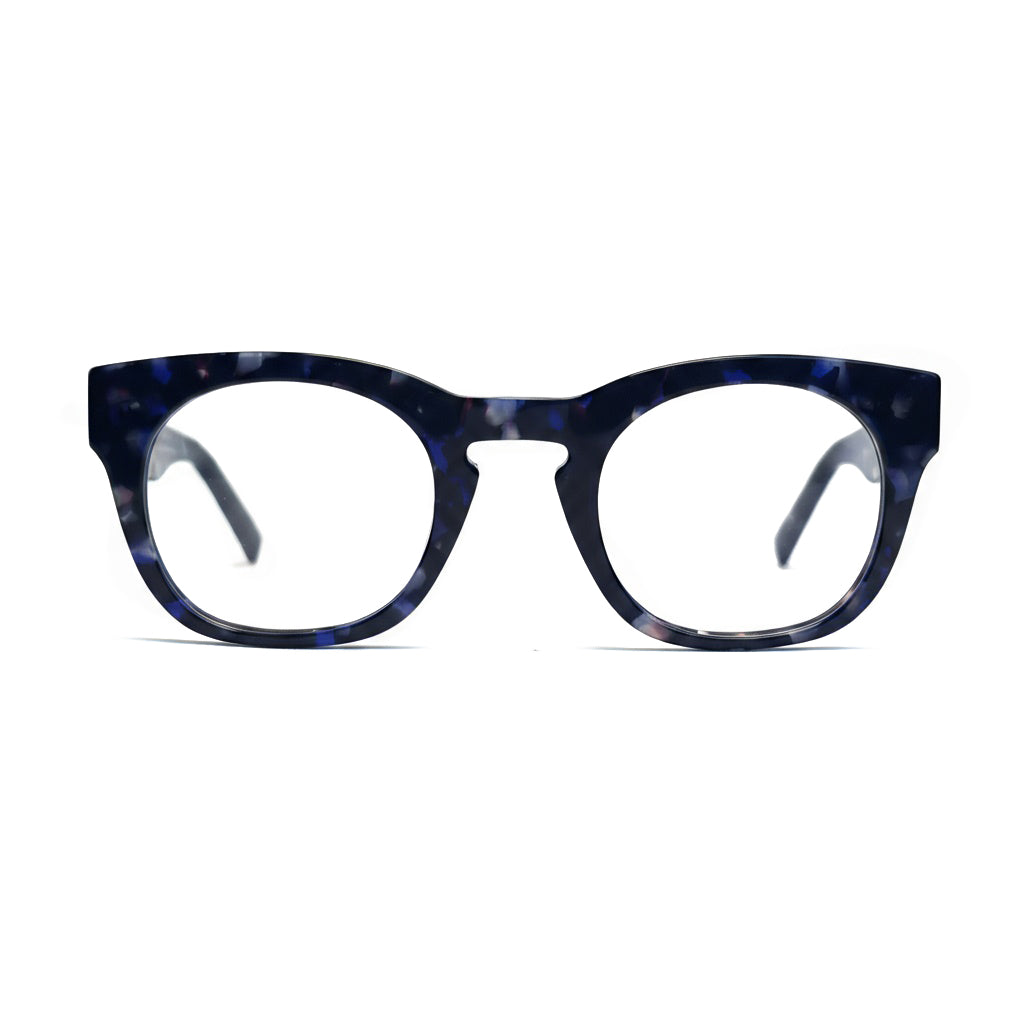 Blue tortoiseshell eyeglasses on a white background