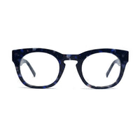 Blue tortoiseshell eyeglasses on a white background