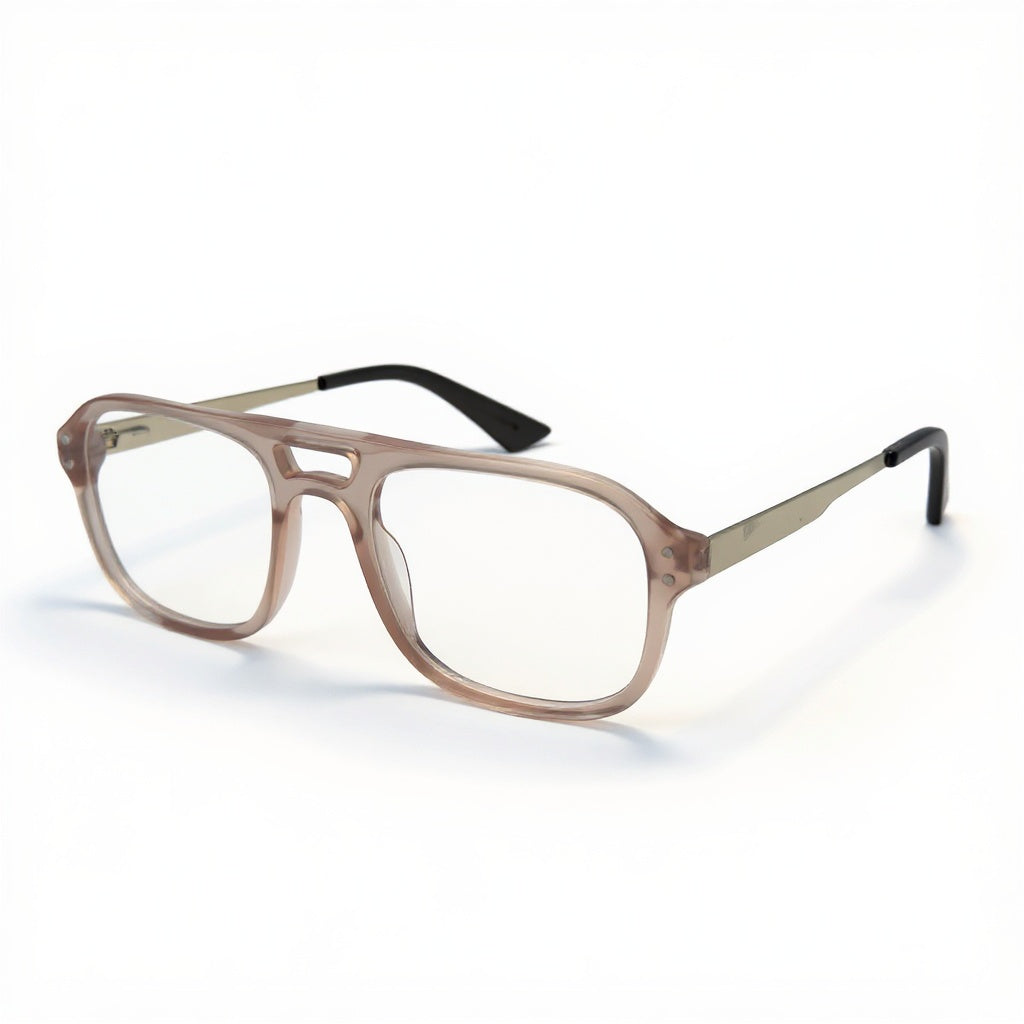 Pair of eyeglasses with a beige frame on a white background