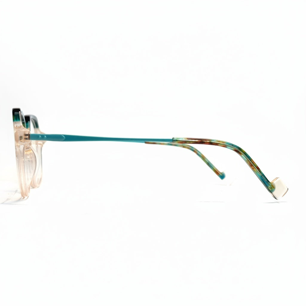 Multicolored eyeglasses on a white background