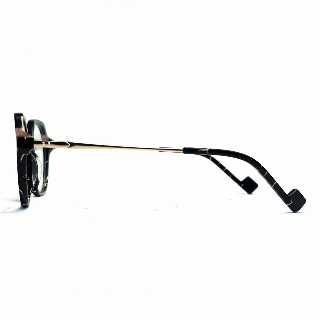 Sunglasses with black and gold frame on a white background