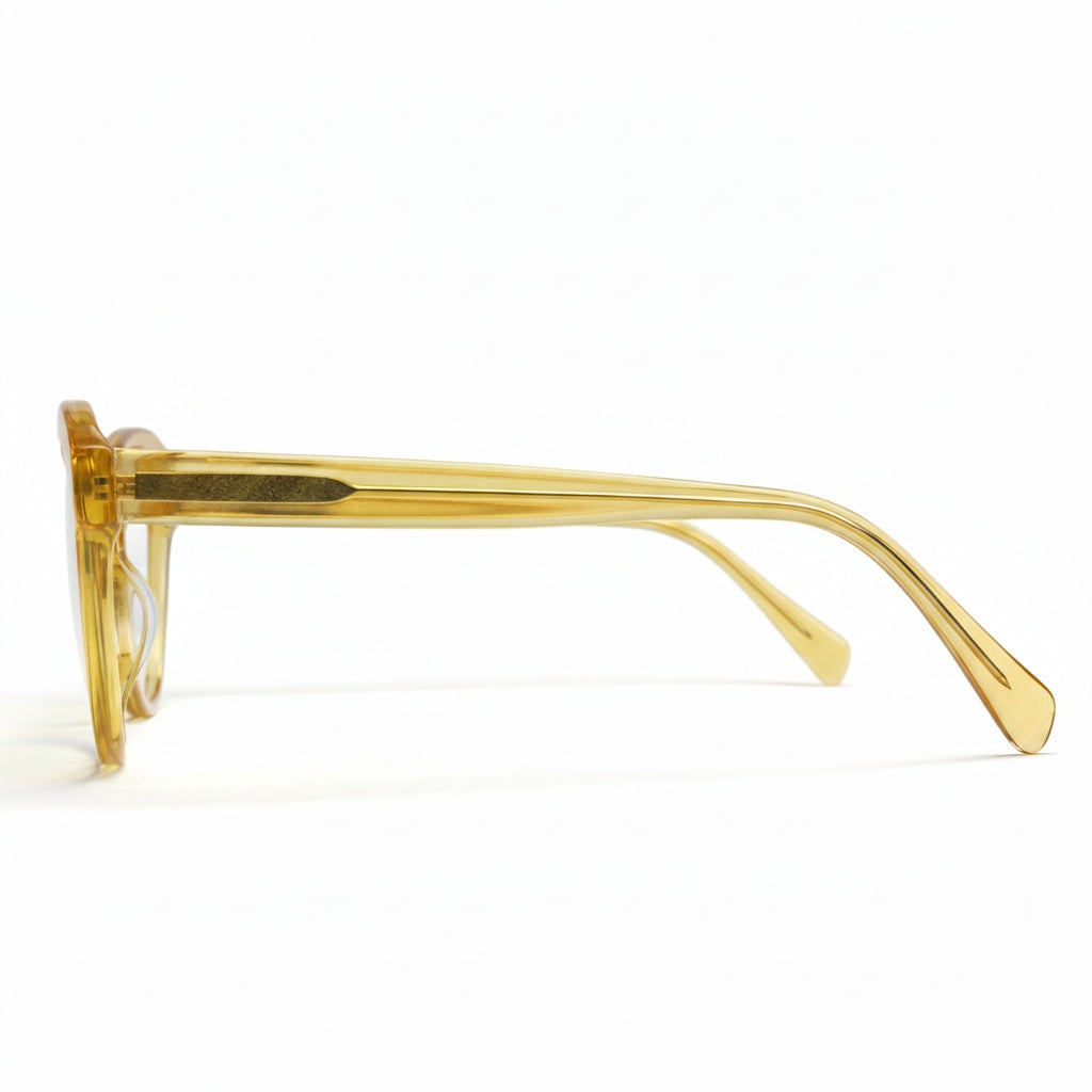 Gold-framed eyeglasses on a white background