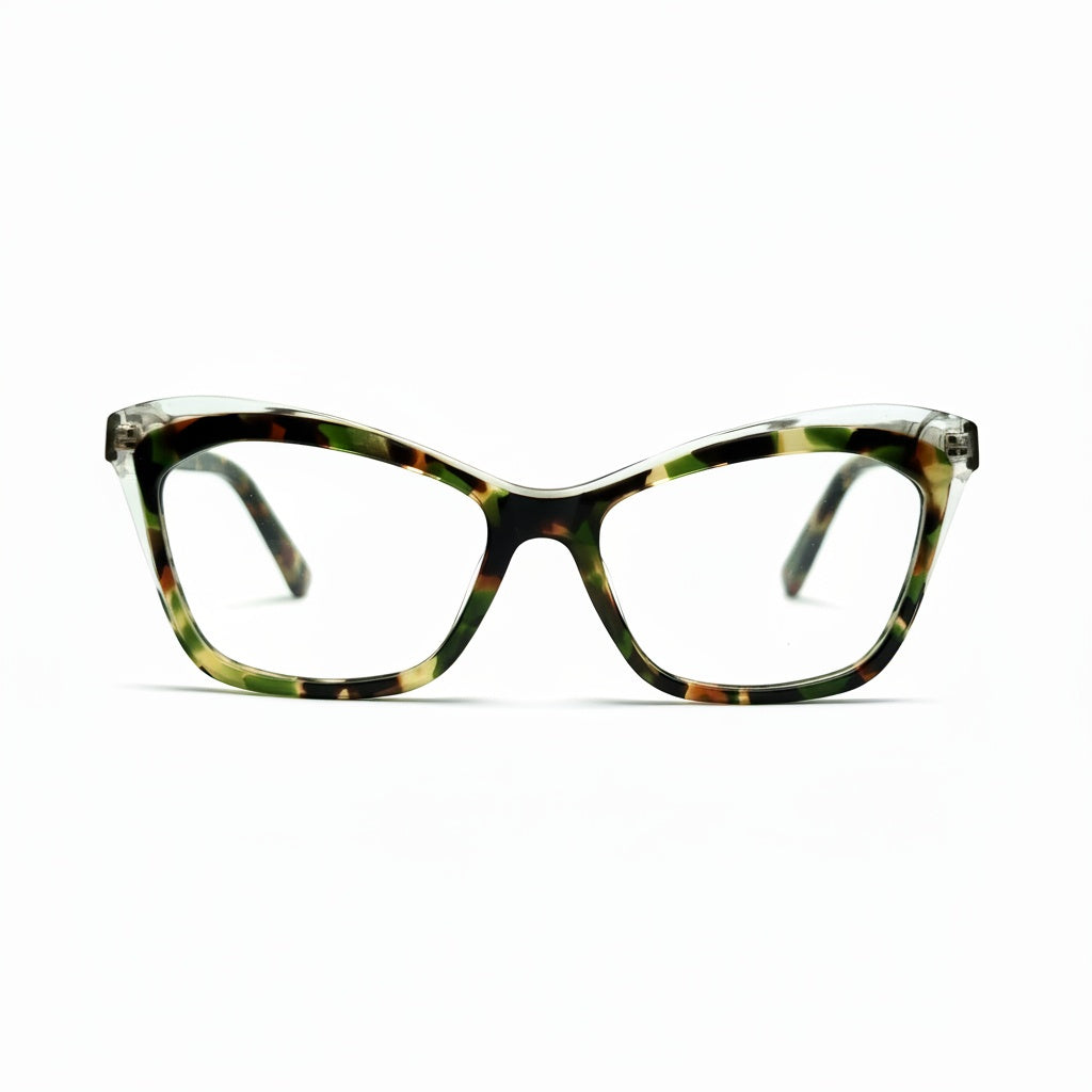 Tortoiseshell cat-eye glasses on a white background