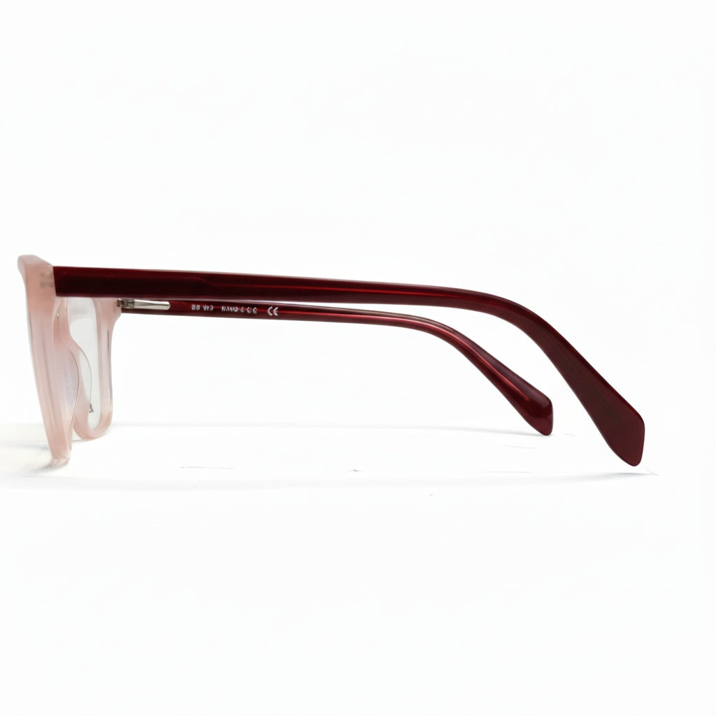 Sunglasses with a red frame and clear lenses on a white background