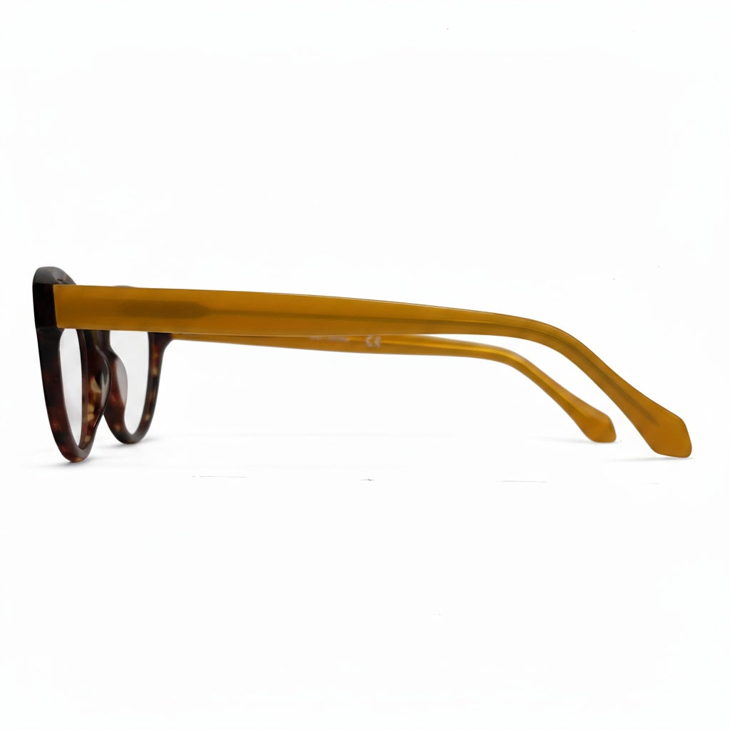 Eyeglasses with a tortoiseshell frame on a white background