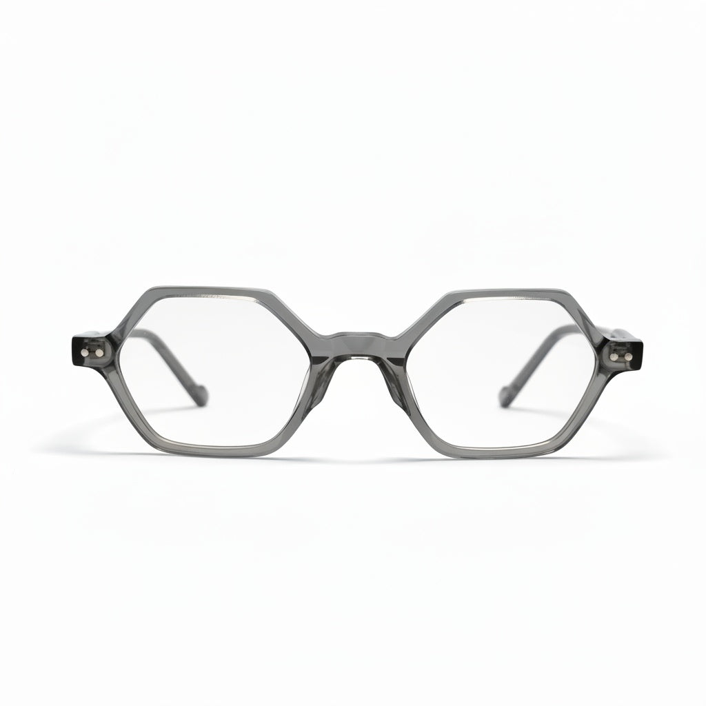 Gray eyeglasses on a white background